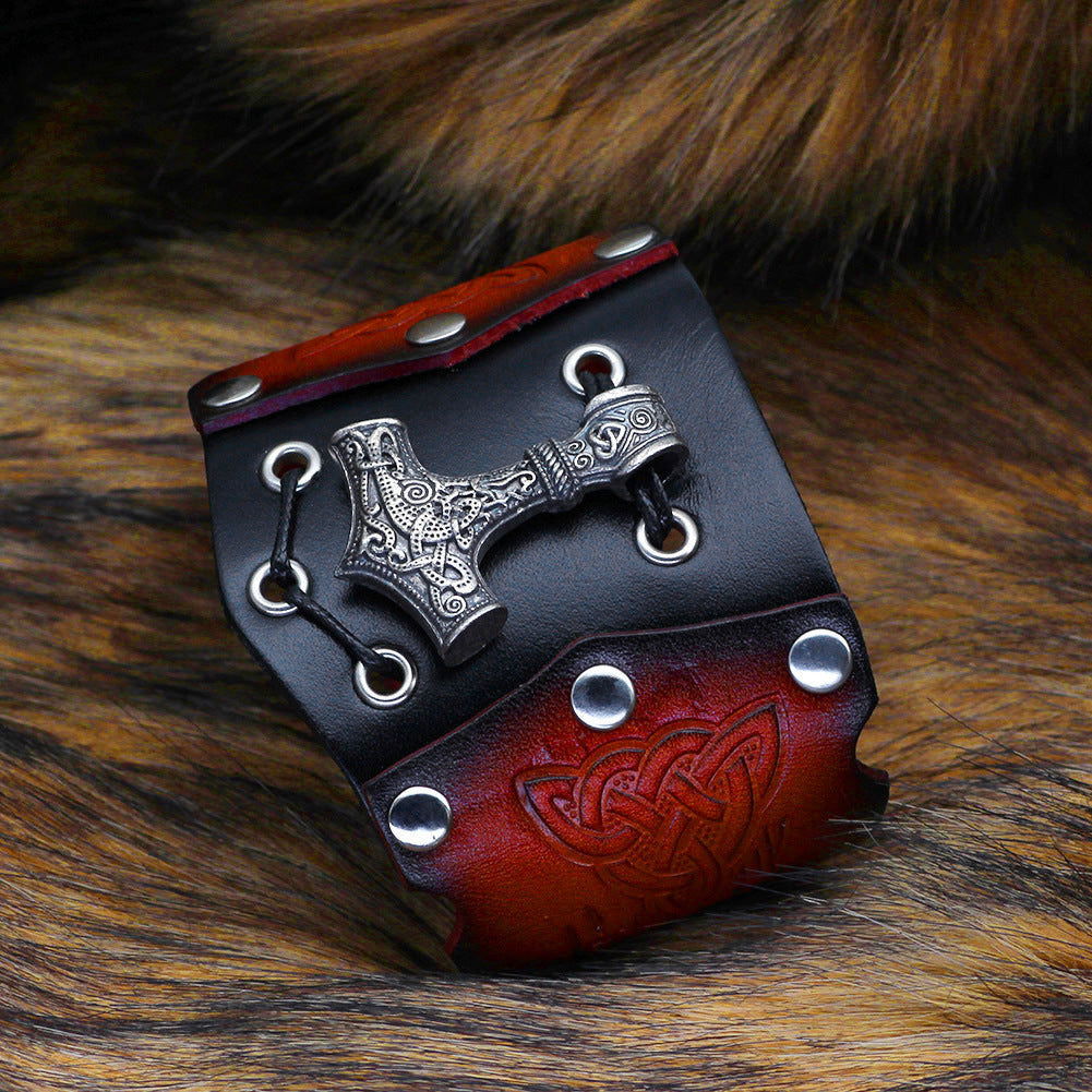 Nordic Viking Thunderbolt Hammer Rindslederarmband